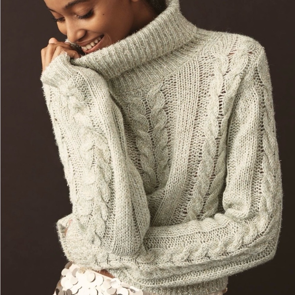 Anthropologie Pilcro Shine Cable Knit  Turtleneck Large Sweater in Green